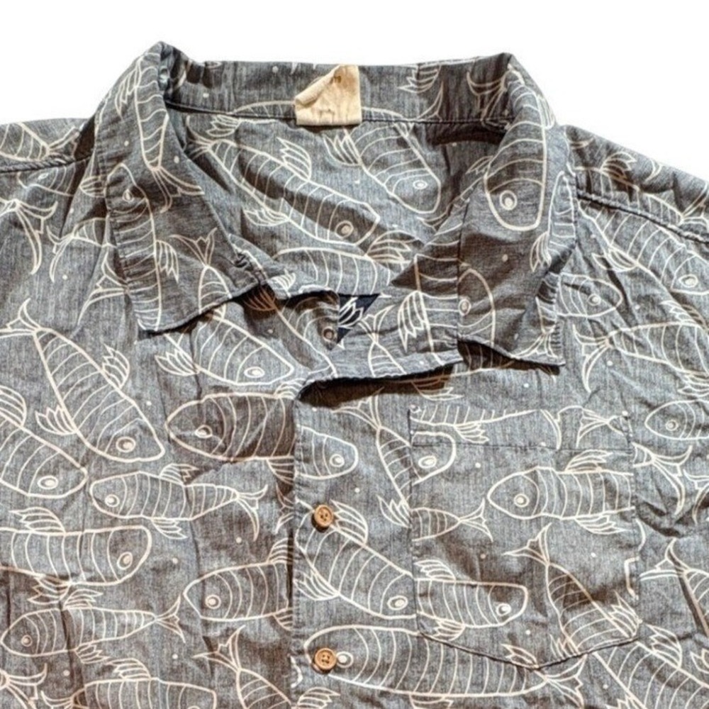 Barefoot in Paradise Fish Print Shirt Mens XL Blue Cotton Short Sleeve Button Up
